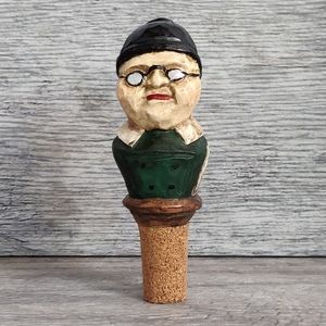 Vintage Whimsical Figurine Hand Carved And Painted STONE Wine Stopper Cork.